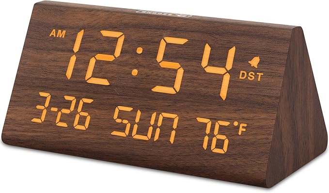 Wooden digital alarm clock with time date day and temperature display
