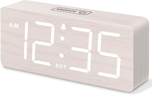Wooden Digital Alarm Clock for Bedroom – Plug-In Desk Clock with Large Numbers, Dimmer & Volume Control