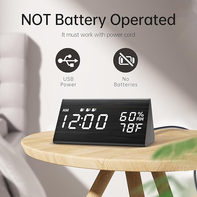 Wooden digital clock with 3 alarm settings for daily schedules