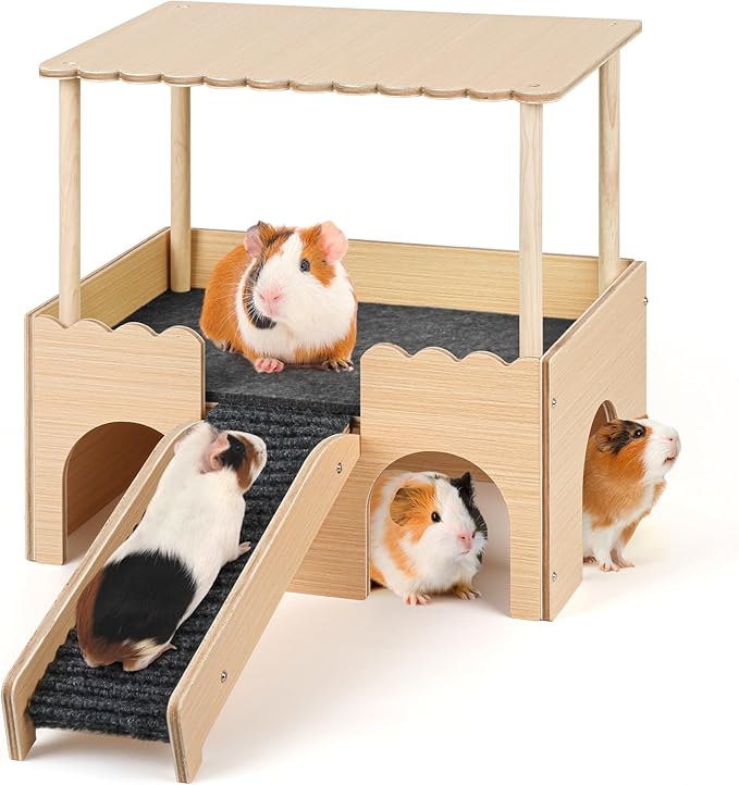 wooden guinea pig hideout castle with stairs and 2 levels