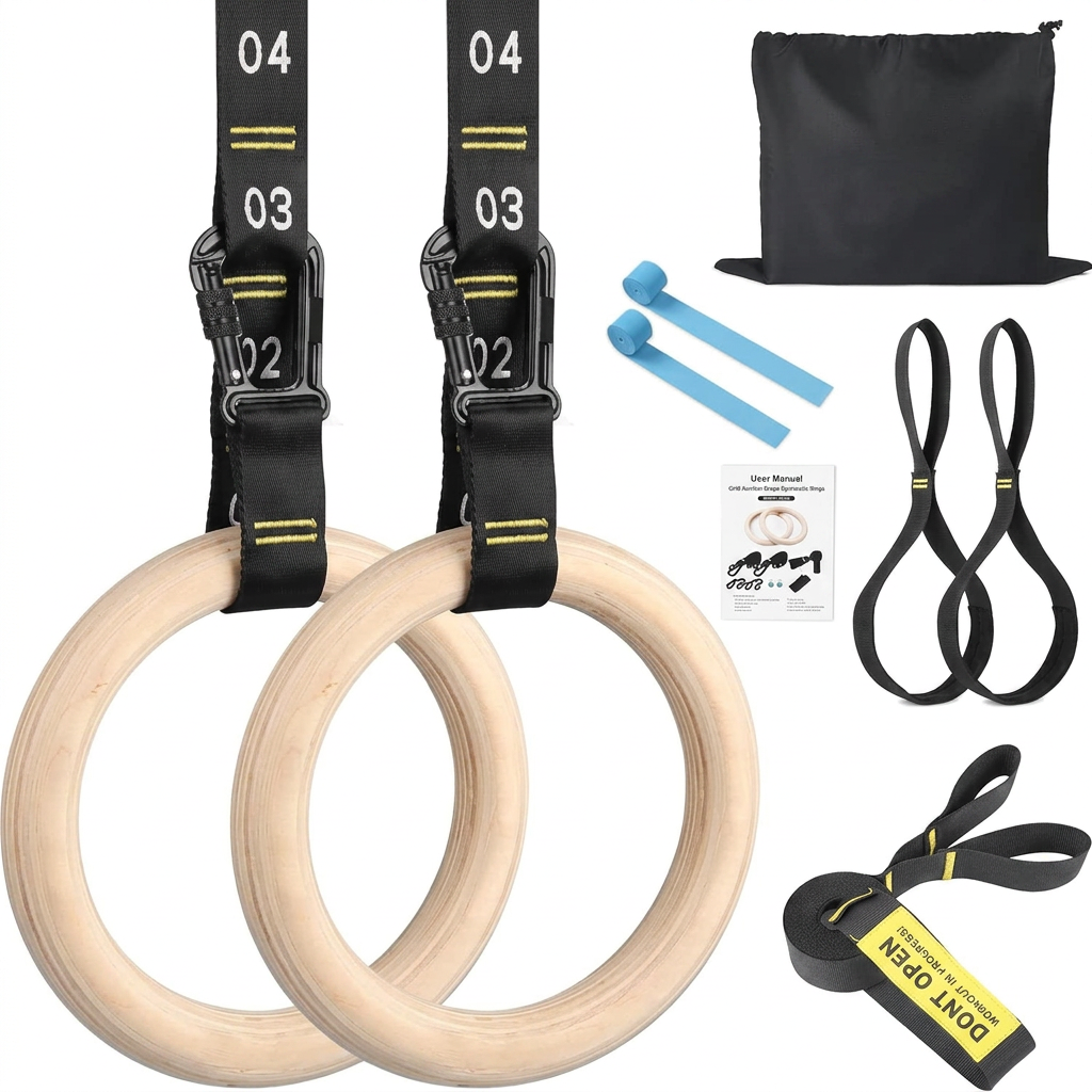 Wooden gymnastic rings set with adjustable straps for strength training