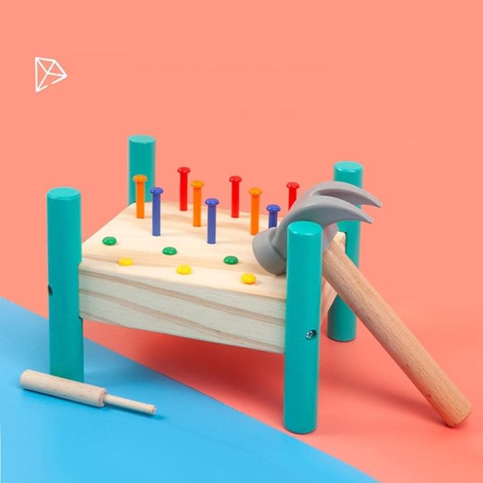 Wooden hammering bench toy with colourful pegs for toddlers