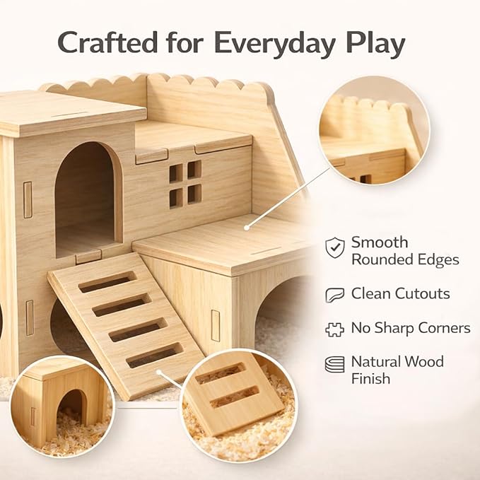 Wooden Hamster Hideout Double Layer Hut for Small Pets