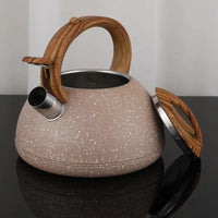 Silver stovetop tea kettle with wooden-style handle