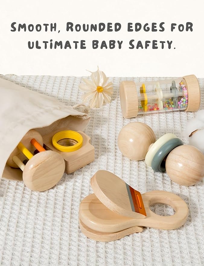 Assorted wooden infant grasping toys designed for small hands