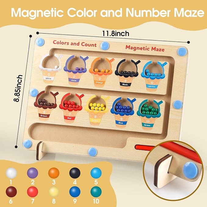 Wooden magnetic maze learning board for toddlers practicing colors, numbers and matching