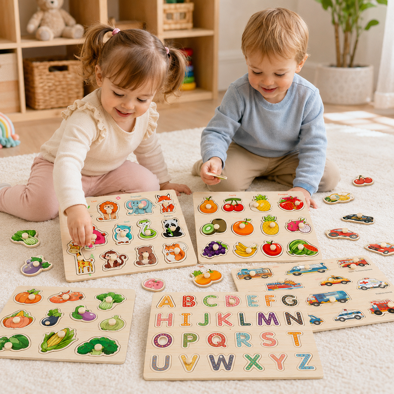 Wooden peg puzzle board set with animals, fruits, vegetables, letters and vehicles for kids