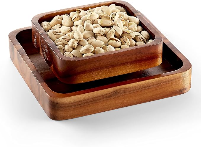 Wooden pistachio snack bowl with separate shell storage compartment