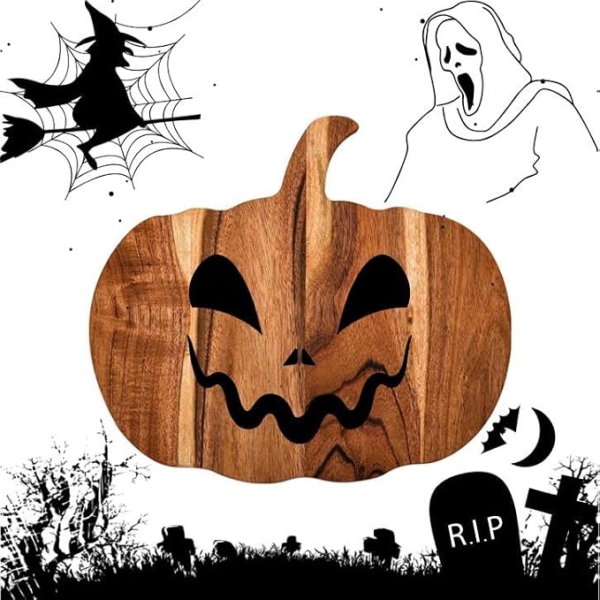 Wooden pumpkin serving board displaying cheese and crackers