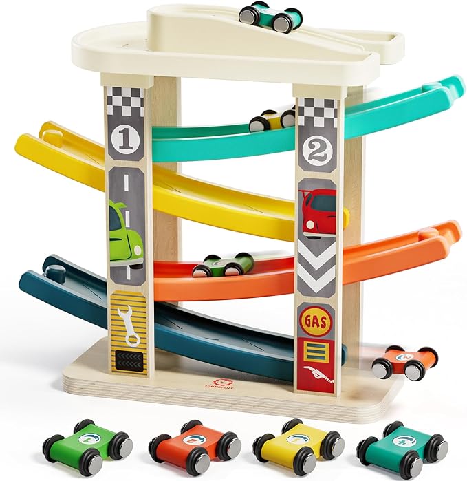 wooden race track car ramp toy for toddlers with mini c