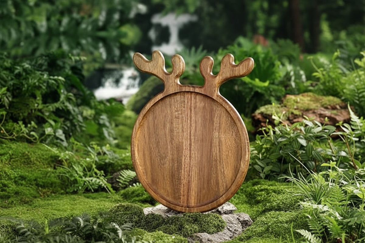 Wooden serving board with decorative reindeer antler detail
