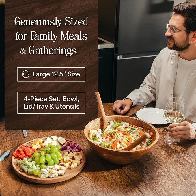 Wooden salad serving bowl with matching utensils