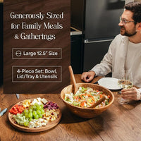 Wooden salad serving bowl with matching utensils