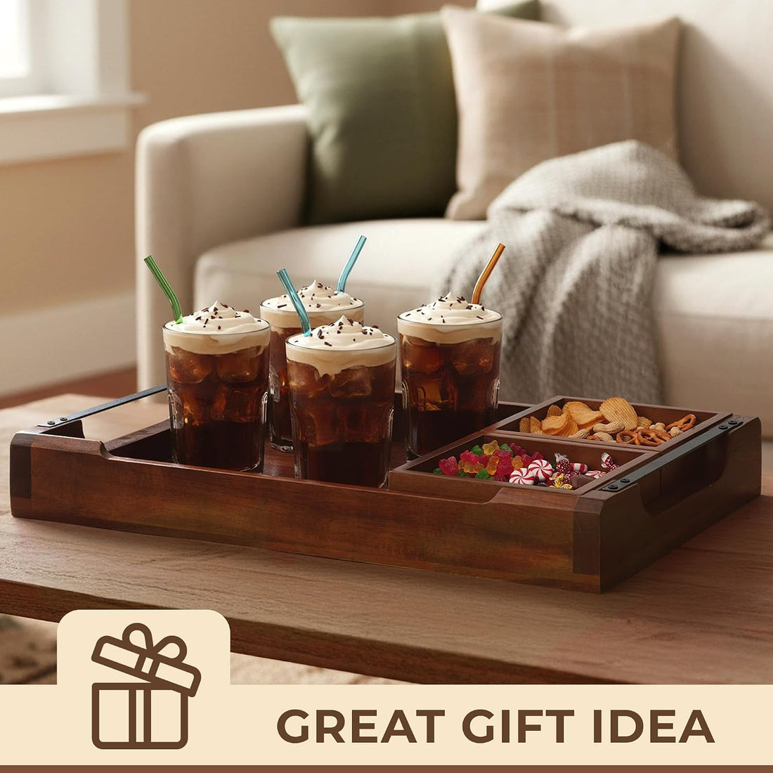 Sectional wooden serving platter for fruit cheese and crackers