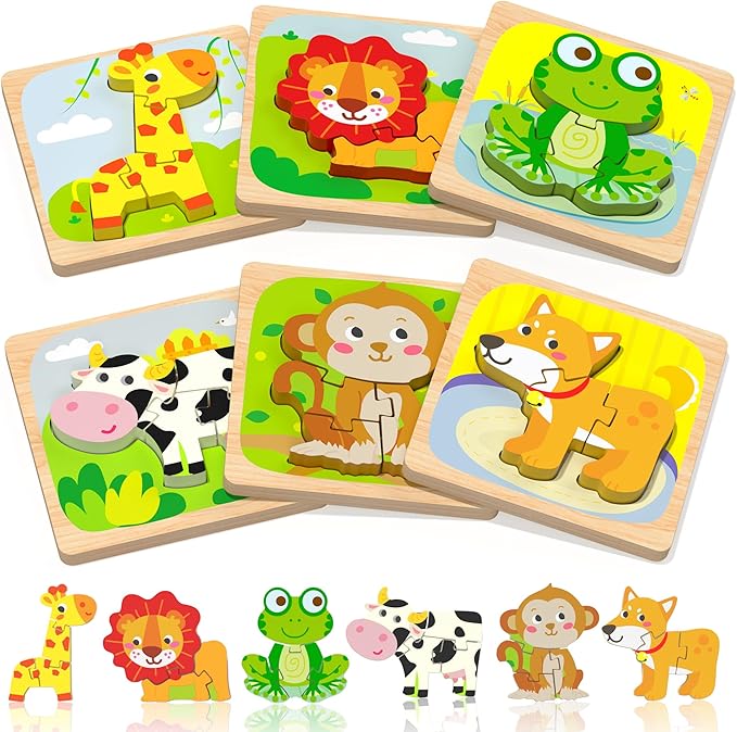 Wooden Toddler Puzzles – 6 Animal Montessori Toys for Boys & Girls, Educational Toy for Ages 1-3