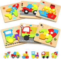 Wooden Toddler Puzzles – 6 Vehicle Shape Montessori Toys for Kids Ages 1-4