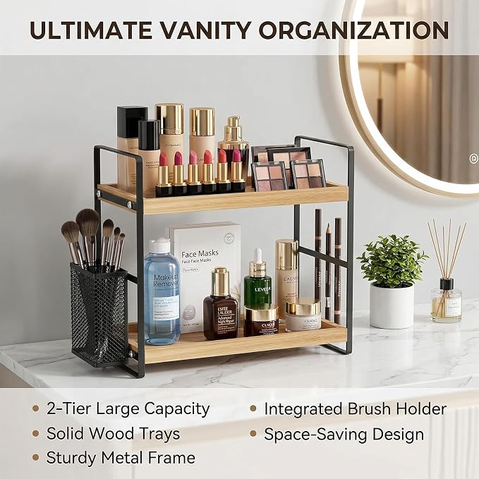 Wooden vanity organizer for skincare perfume and toiletries