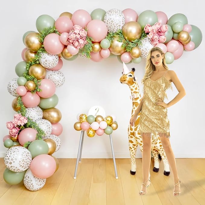 Woodland theme party balloons in sage green pink and beige colors