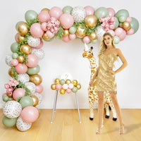 Woodland theme party balloons in sage green pink and beige colors