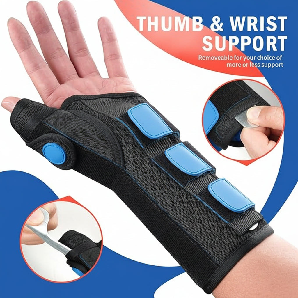 Side view of adjustable wrist and thumb stabilizer with Velcro straps