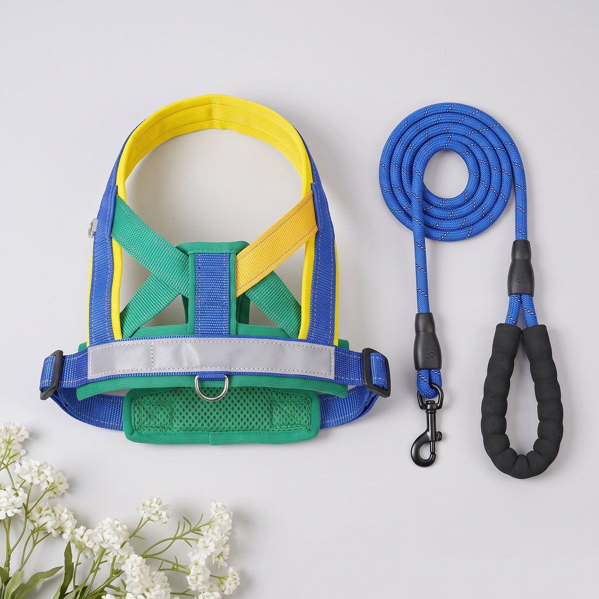 Yellow and blue adjustable dog harness for everyday walks