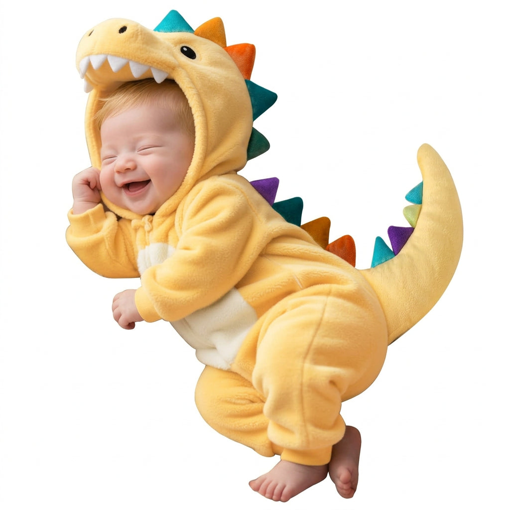 Yellow plush baby dinosaur outfit featuring a cream tummy panel and colourful spikes.