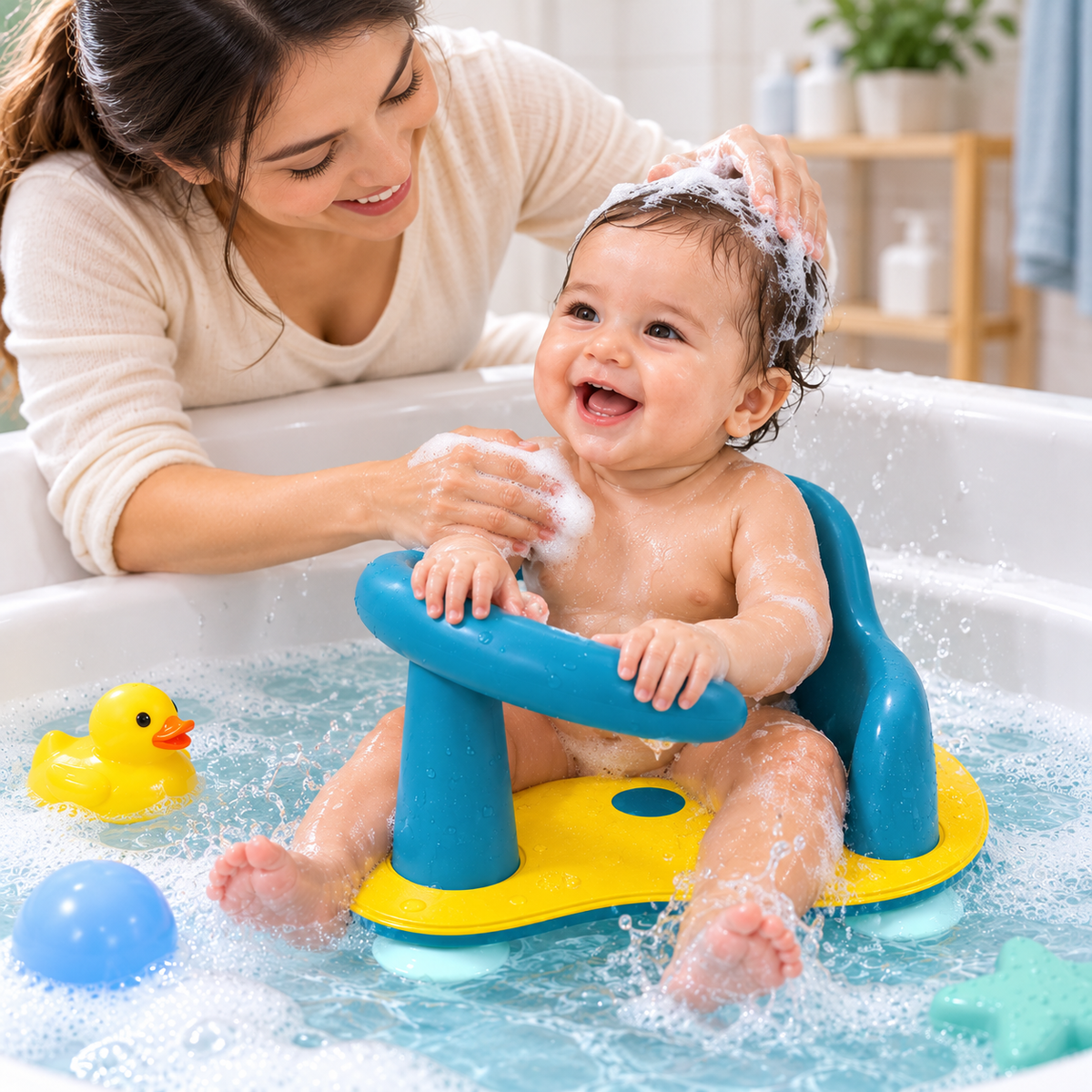 Detailed view of the yellow bathing seat surface with raised texture and circular teal accent.