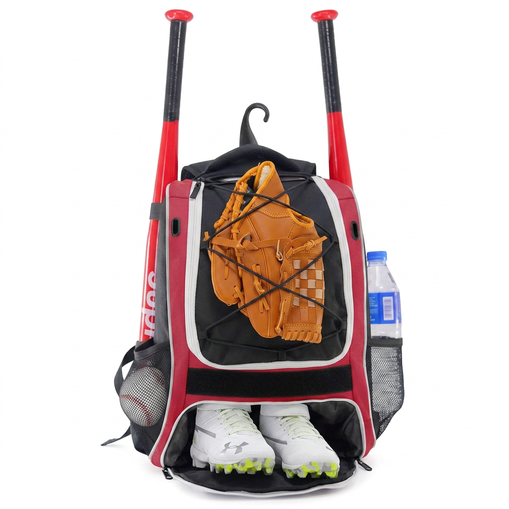 Youth baseball bat backpack with separate shoe compartment and adjustable straps