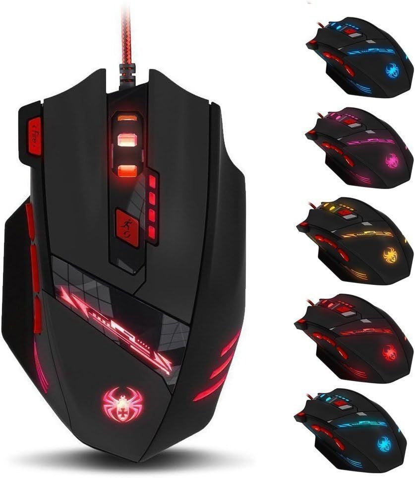 Zelotes wired gaming mouse black front view with LED lighting