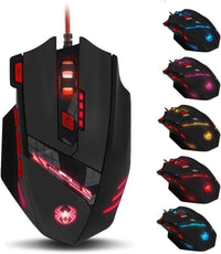 Zelotes wired gaming mouse black front view with LED lighting