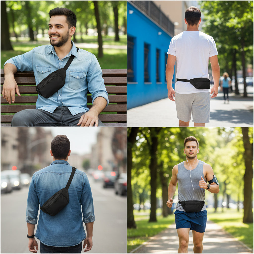 Zippered waist pack with organised storage compartments